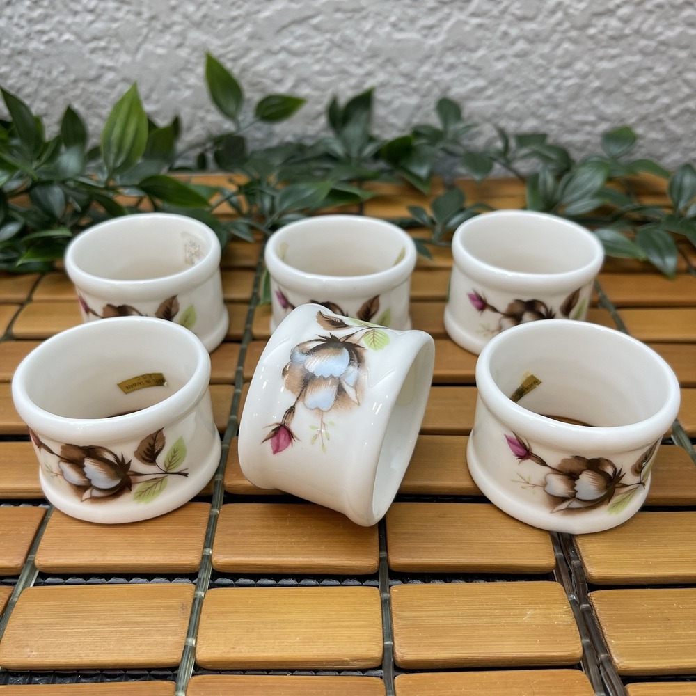 6 Vintage 70s Porcelain Napkin Rings Floral Pink Blue Flower Dinner Table Decor